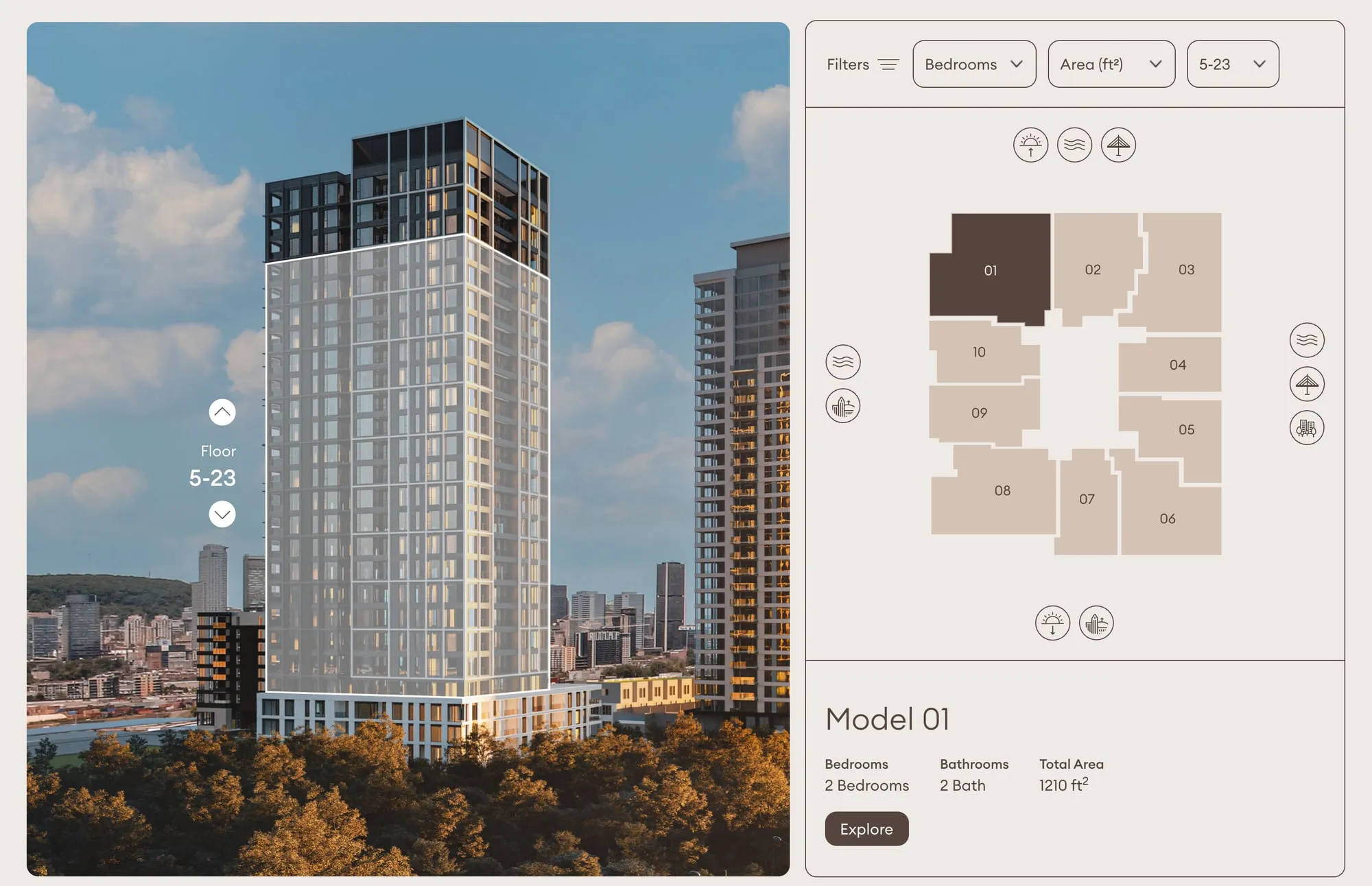 Evolo NEX apartment selector: the tower with floors 5–23 highlighted, filters and a clickable floor plate