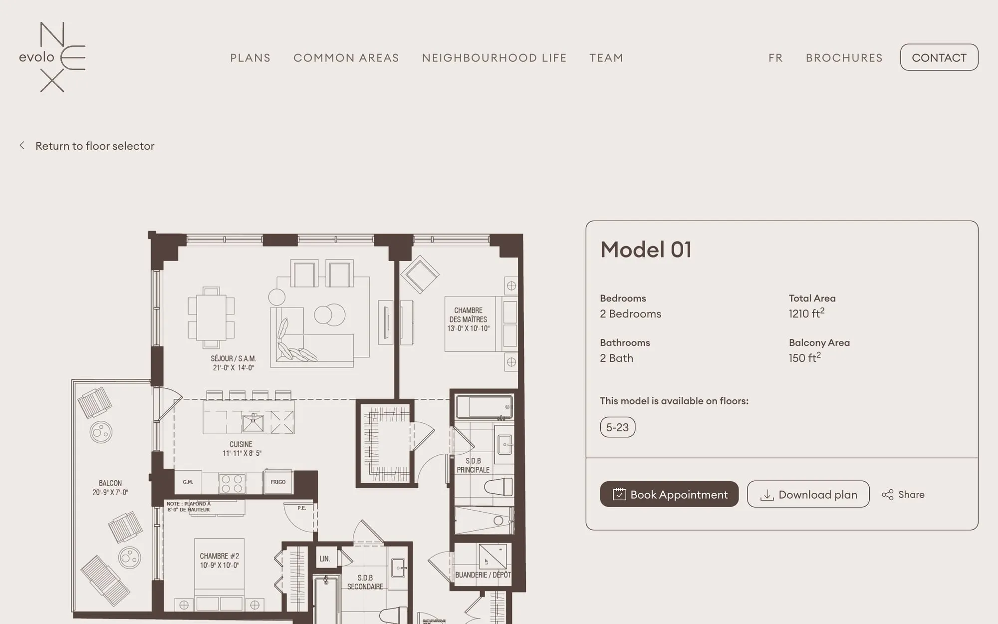 Evolo NEX unit page: the Model 01 floor plan with bedrooms, area, balcony and booking
