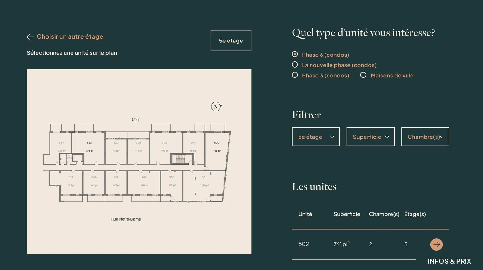 Plan selector: the 5th-floor plan of Phase 6 with every unit numbered and sized