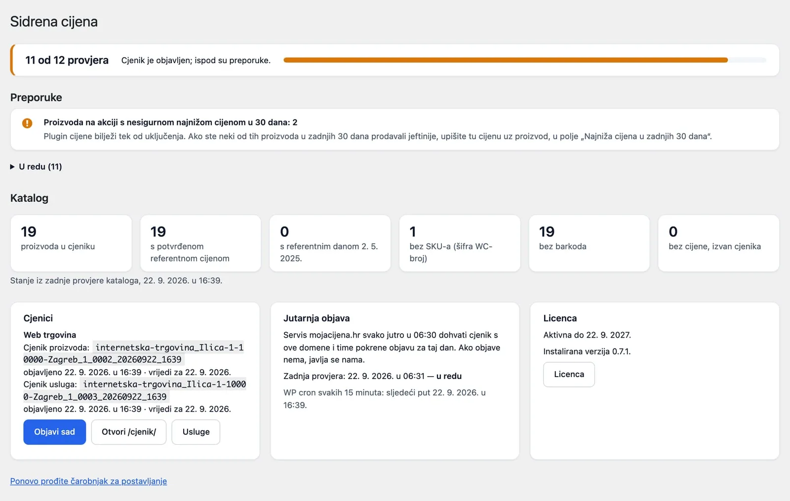 Moja Cijena WordPress plugin: overview of checks, catalogue and published price lists