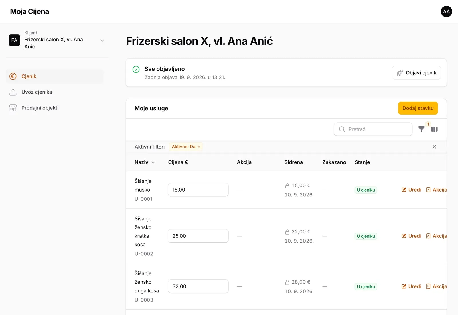 Moja Cijena client portal: services with current and anchor prices, published with one click