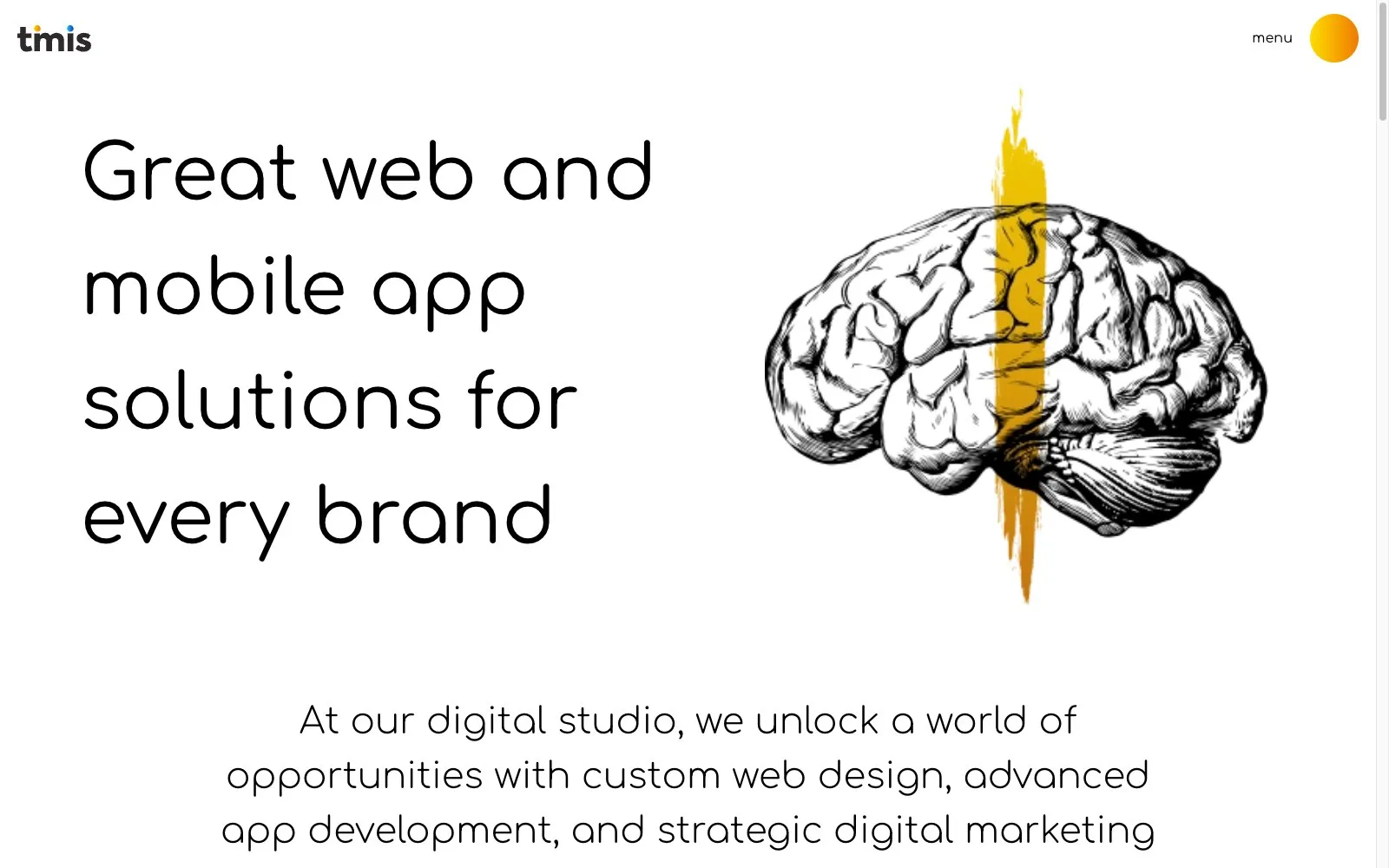 The previous timis.digital: a WordPress block theme with a white hero and a brain illustration