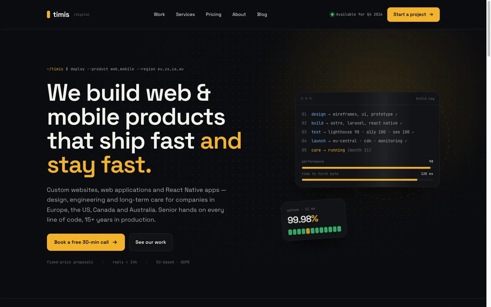 The new timis.digital built with Astro: dark design, yellow accents and a build log in the hero