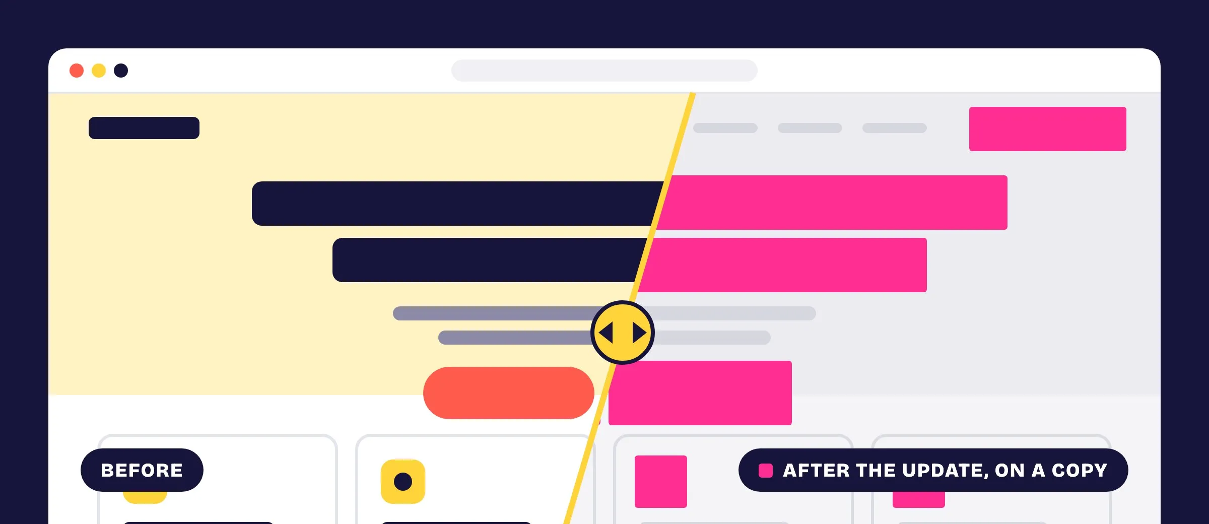 A page before the upgrade next to its screenshot comparison after the upgrade: headings, buttons and icons highlighted as changed
